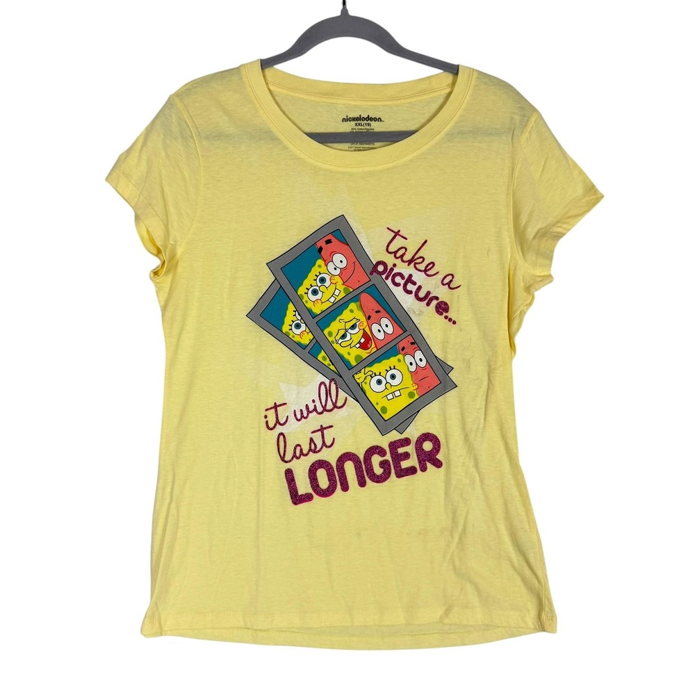 Nickelodeon Shirt Juniors‎ XXL 19 Yellow SpongeBob Patrick Glitter Graphic Tee